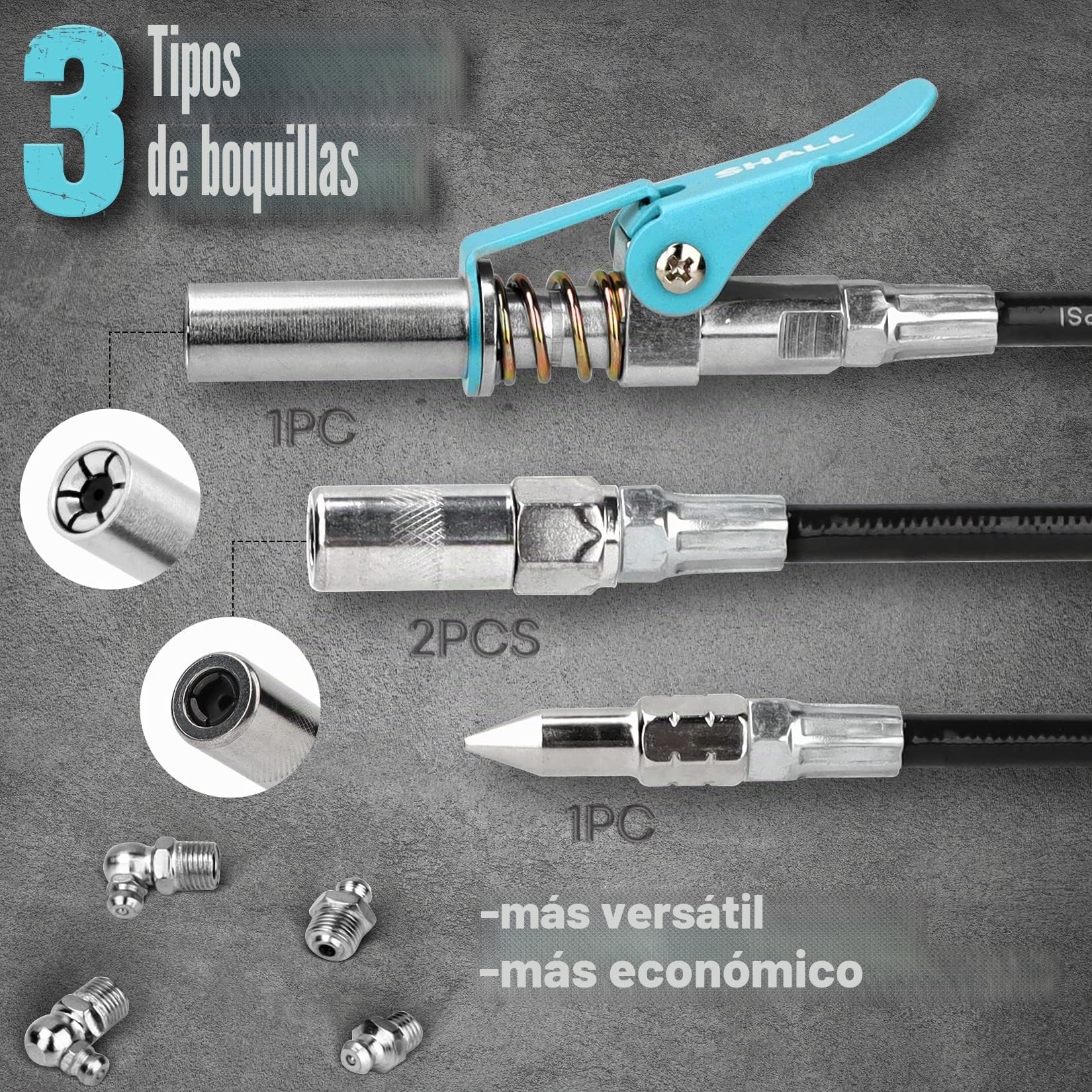 SHALL Pistola engrasadora, kit de pistola engrasadora con empuñadura de pistola de servicio pesado de 7000 PSI, manguera flexible con resorte de 18", 2 tubos rígidos de extensión, boquilla afilada