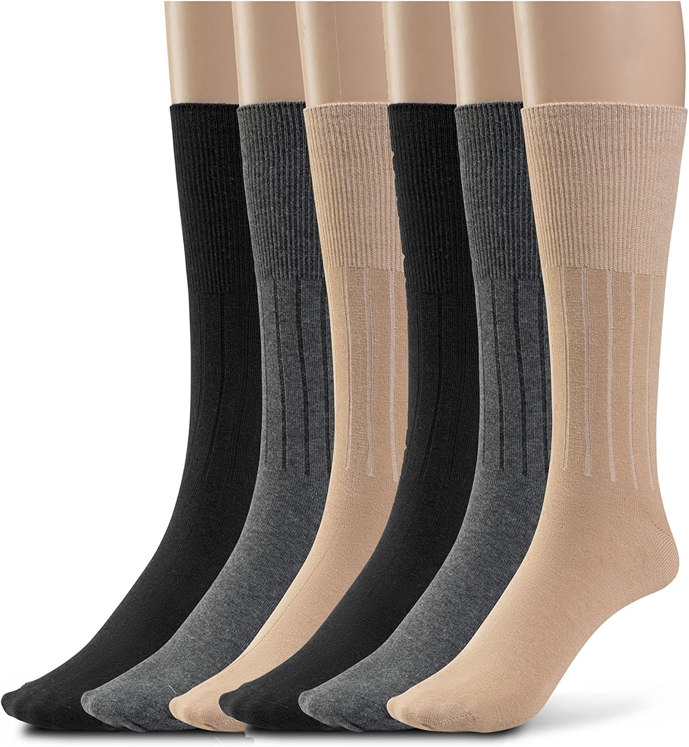 Silky Toes Cotton Diabetic Dress Socks for Men Non Binding Seamless Crew Socks, 3 or 6 Pk Multi Colors Big Sizes