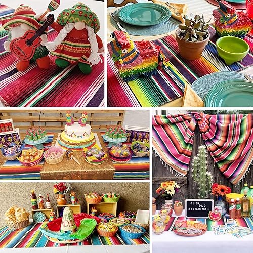 Miniatura 4 de Camino de mesa mexicano de 14 x 84 pulgadas, decoración de fiesta temática mexicana para fiesta, caminos de mesa a rayas coloridas para el Cinco de