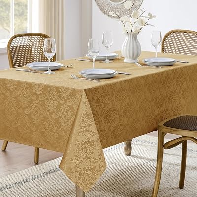 Decorelia Damask Rectangle Table Cloth for Dining Coffee Table, Wrinkle-Free Wipe Clean Tablecloth for Party, Wedding, Outdoor, Easy to Clean(Oblong,52 x 70 Inch (4-6 Seats),Gold)