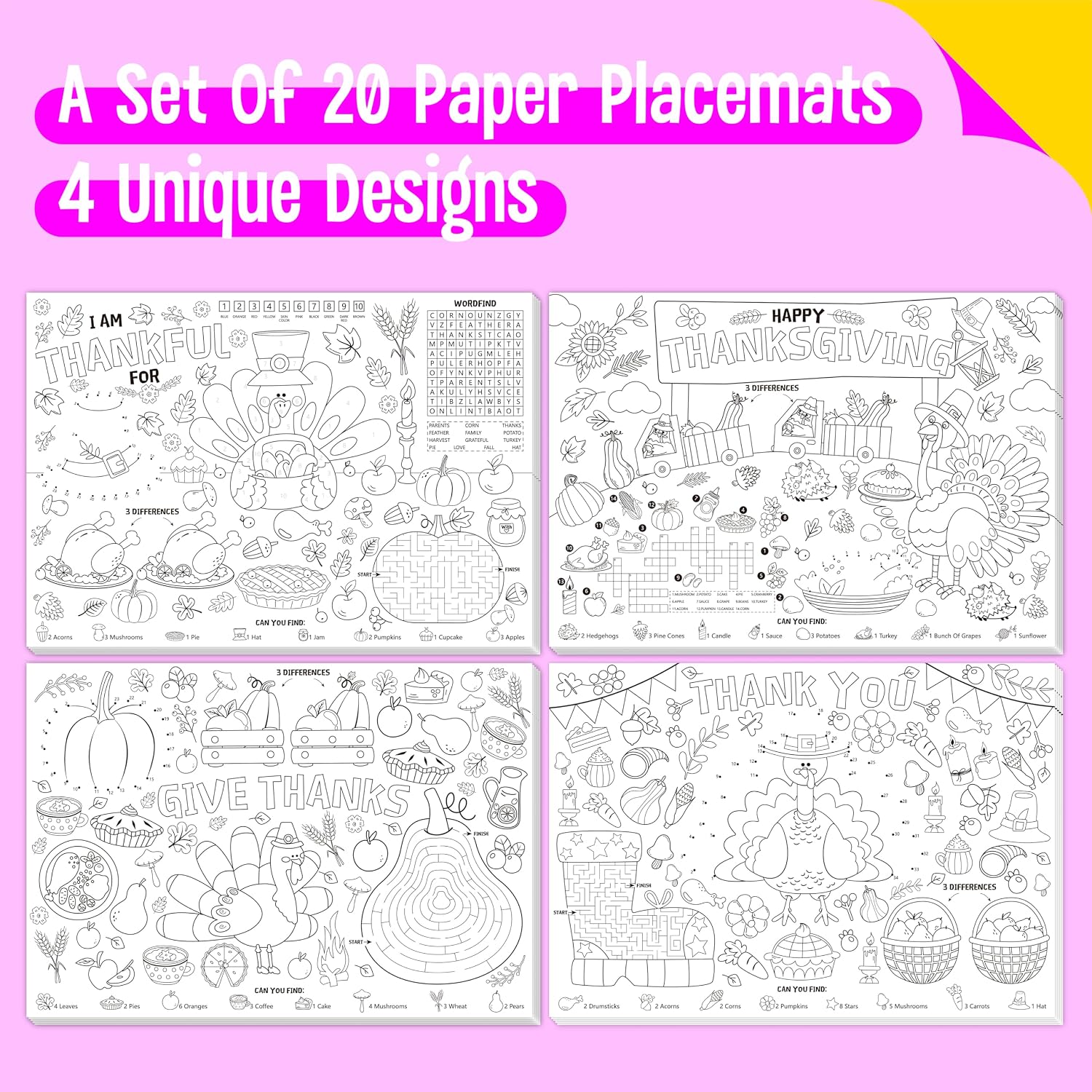 Thanksgiving Coloring Placemats, Set of 20 Paper Placemats & 80+ Autumn Stickers 4 Designs Turkey Coloring Activity Paper for DIY Painting Drawing Banner/Tablecloth for Autumn Theme Party, Wall Decor