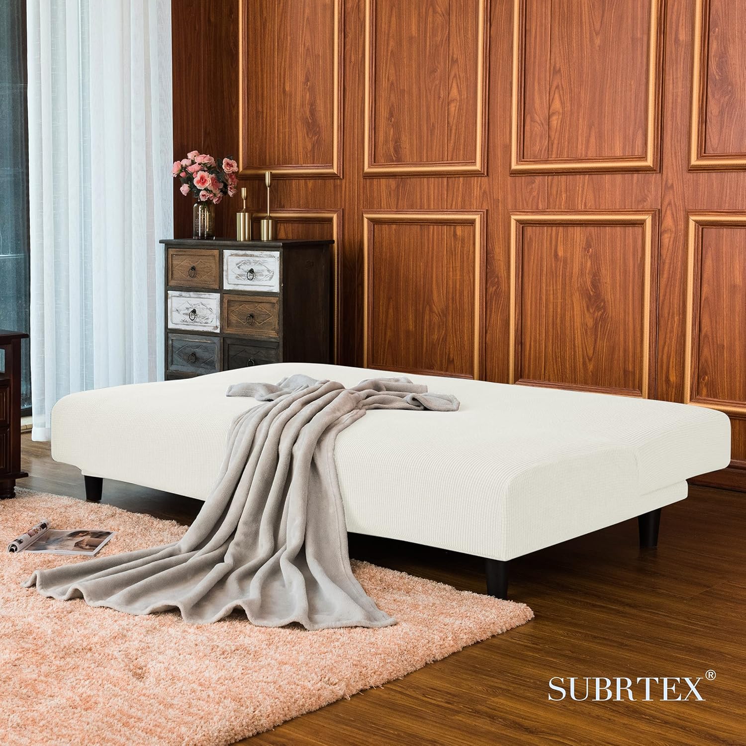 subrtex Stretch Armless Sofa Slipcover Foldable Futon Cover Sofa Bed Washable Removable Furniture Protector (Cream White) : Home & Kitchen