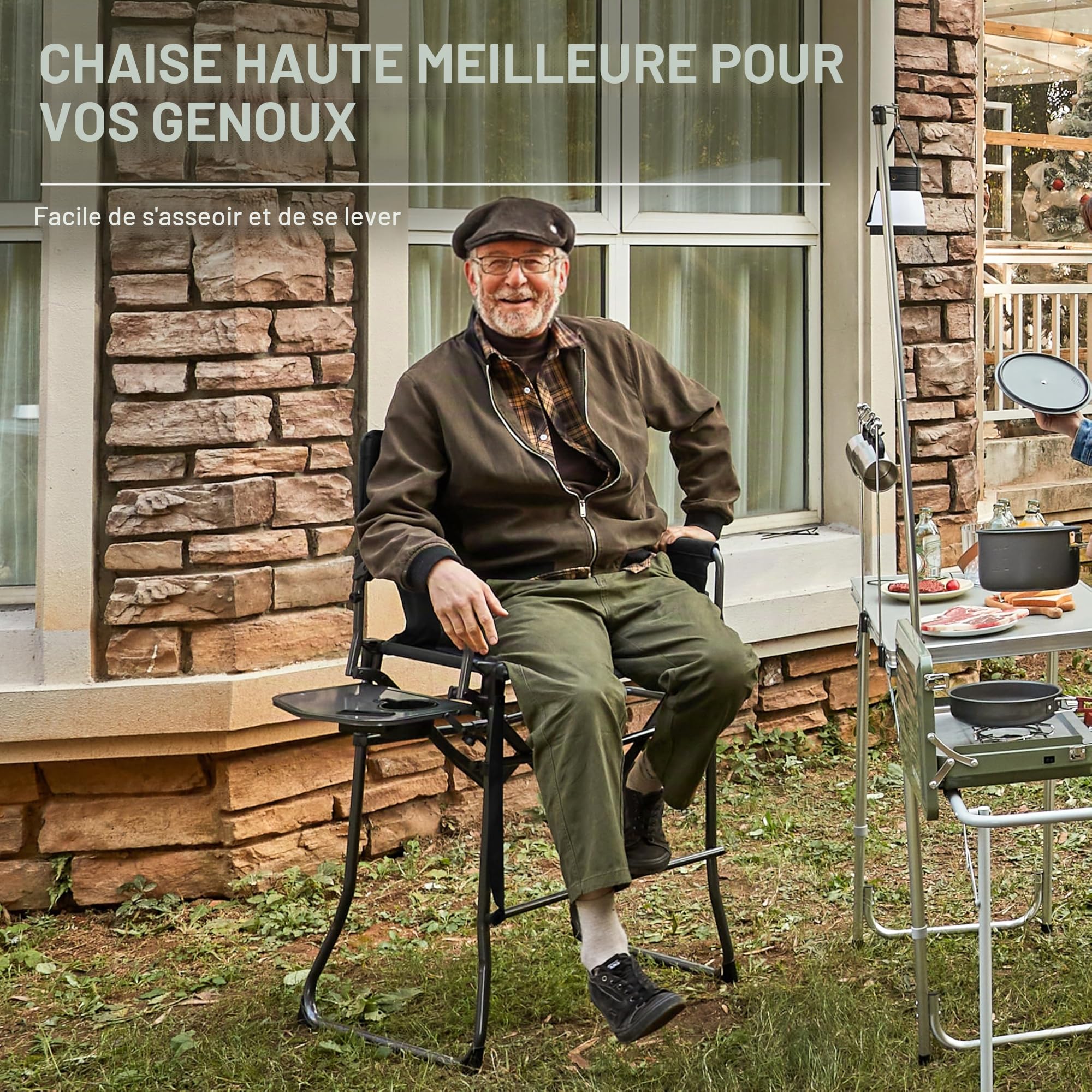 EVER ADVANCED Chaise de Camping Pliante, Hauteur d'assise 78CM, Chaise de Directeur Pliable, Tabouret de Bar Pliable avec Table latérale pour maquilleur, événement Sportif, supporte 160KG Noir