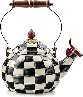 MACKENZIE-CHILDS 2-Quart Enamel Whistling Tea Kettle, Stylish Tea Kettle for Stovetop, Black-and-White Courtly Check