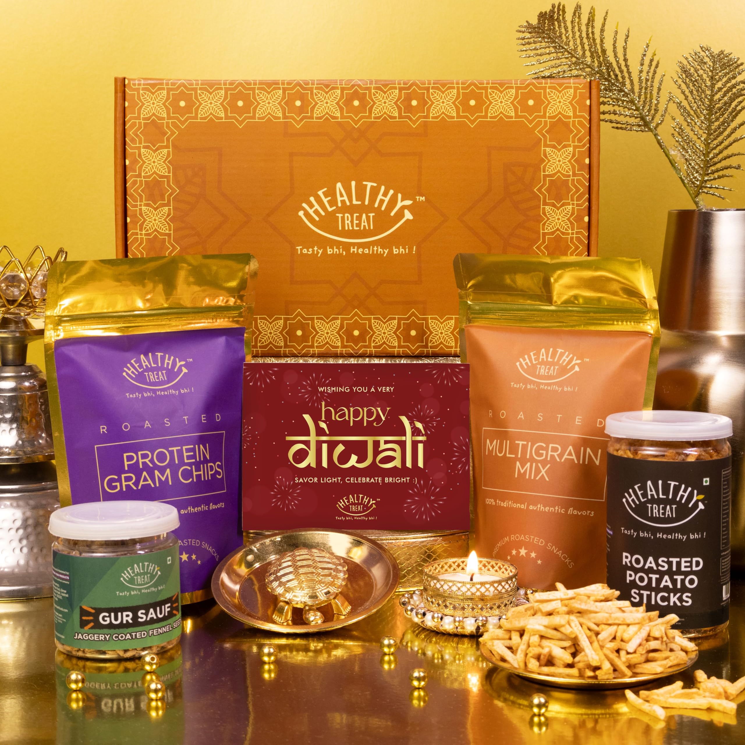 Healthy Treat Eternal Diwali Gift Hamper | Roasted Snacks Gift Box with Vastu Turtle, Diya and Diwali Greeting Card | Diwali Gift Hampers | Roasted Snacks Diwali Gift Box | Wholesome Corporate Gifting | Healthy Snacks Diwali Gift Hamper for Gifting-image-27