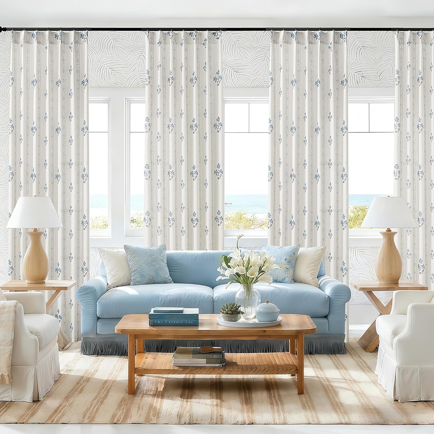 Blue Grey Pinch Pleated Floral Curtains 96 Inches Long for Living Dining Room Pinch Pleat Light Filtering Linen Semi Sheer Curtains Pattern Printed Aesthetic Boho Farmhouse Drapes Dusty Blue 40x96