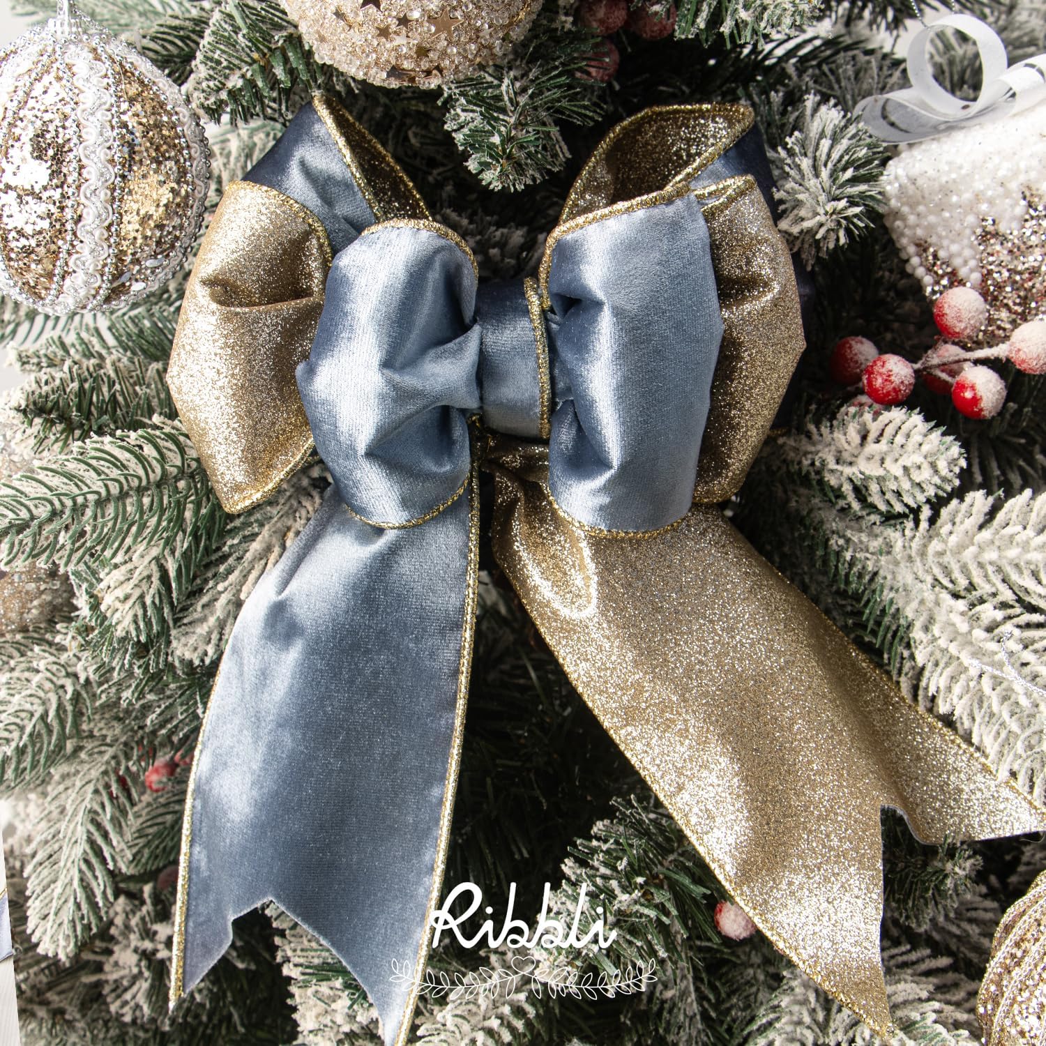 Ribbli Dusty Blue Velvet Ribbon Wired 4 Inch Glossy Velvet with Champagne Glitter Christmas Ribbon for Tree Decoration Big Bow Gift Wrapping Crafts Wreaths Supplies - Continuous 10 Yards