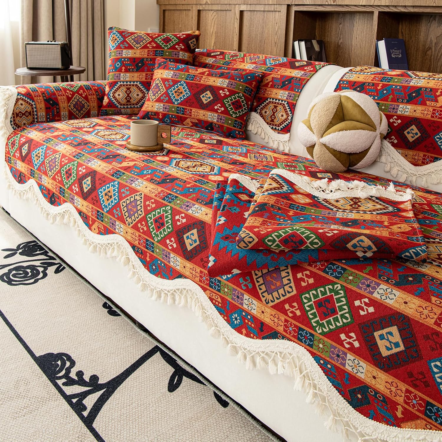 VOGOL Boho Sectional Sofa Cover, Non Slip Geometric Scalloped Edge Couch Protector with Beige Fringe Tassels, Heavy Chenille Furniture Pad, 27x70 Inches, 1 Piece