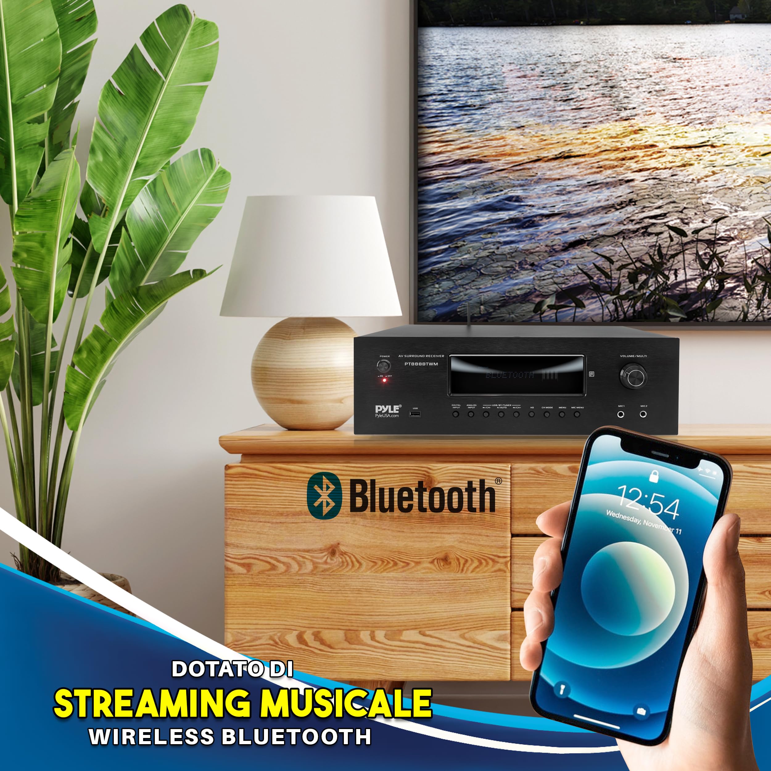 Pyle Amplificatore Audio Karaoke Bluetooth 1000 Watt per Home Theater, Ricevitore Stereo 5.2-Ch con 2 Microfoni UHF, MP3/USB/HDMI/AM/FM, Nero