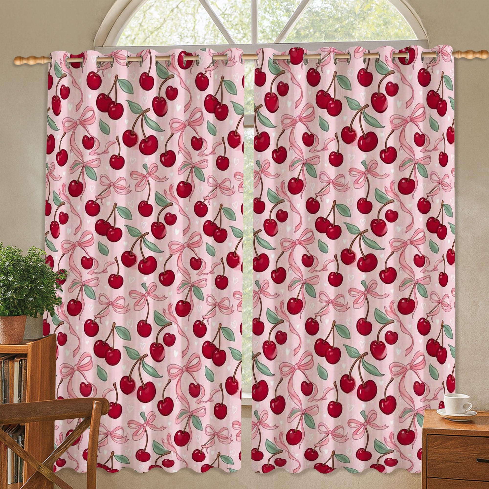Rideaux occultants motif cerises et nœuds 106x114 cm pour fenêtre