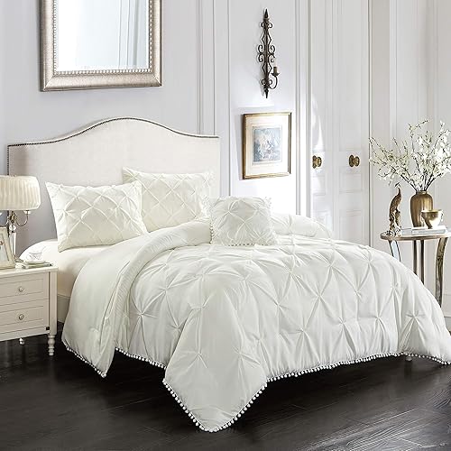 Miniatura 2 de EVOLIVE - Juego de 4 piezas, plisado, juego de edredón alternativo con pompón, Poliéster & Mezcla de poliéster, Crema, gemelo