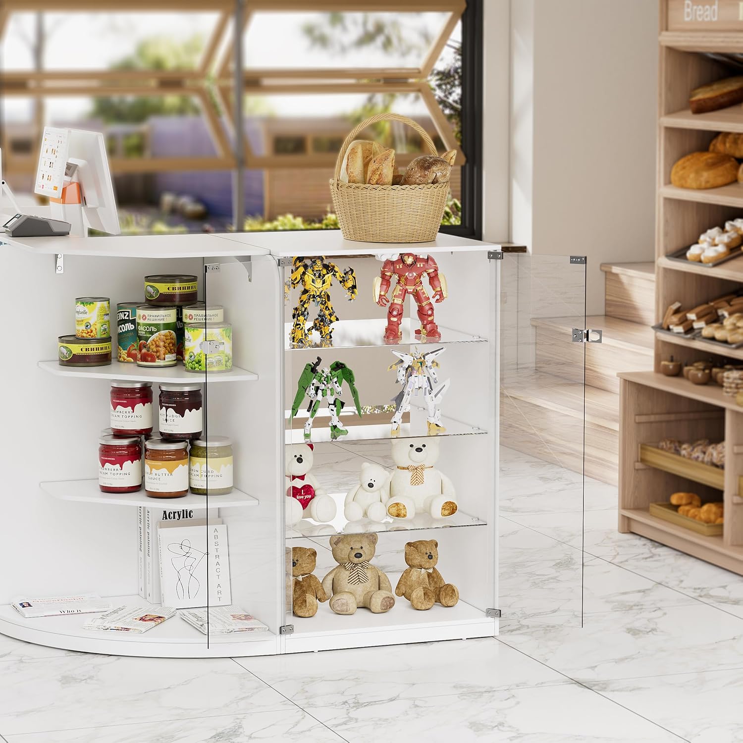 PAKASEPT Reception Desk with Counter for Retail & Checkout,Modern Front Reception Counter with Drawers & Open Shelves,L-Shaped Retail Counter with Storage for Countertop,Beauty Salon,Shop,Bar,White