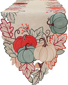 Thanksgiving Decorations Fall Table Runner with Embroidered Velvet Pumpkins Maple Leaf. Table Decor for Home Kitchen Dining Seasonal Harvest Party 36 Inches