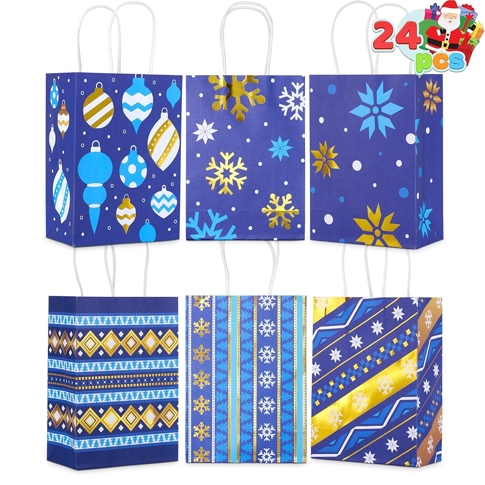 JOYIN 24 PCS Christmas Kraft Gift Bags Xmas Holiday Present Wrapping Paper Goody Bags with Handles for Classrooms and Wedding Decor, Party Favors and Decor Supplies (Blue, 8.27 x 5.91 x 3.15)