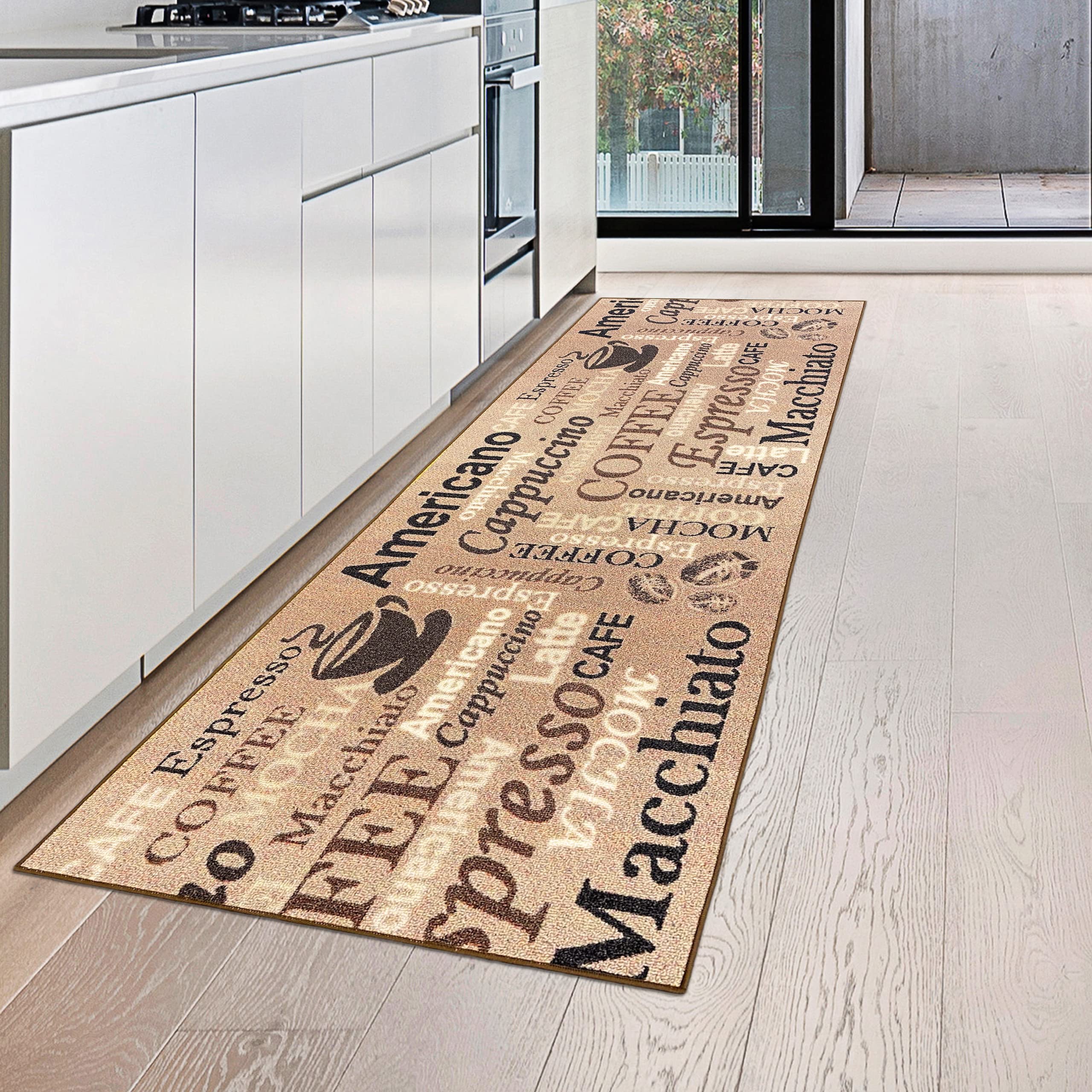 Teppich-Traum Coffee Tapis de Cuisine Beige avec Dos en Gel et Inscription en Marron, 80 x 200 cm