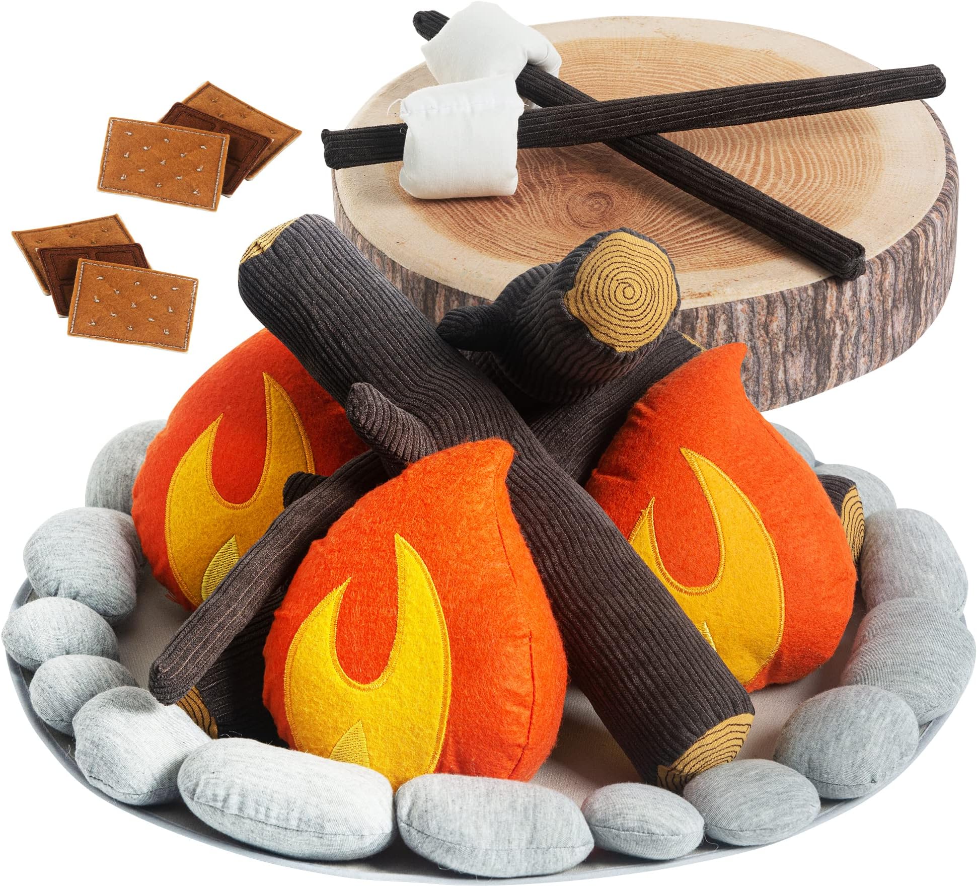 Pretend Campfire Set for Kids with S'Mores Kit & Wood Log Pillow - Soft, Safe & Durable Toy Campfire for Pretend Play & Sensory Play - Giftable Plush Felt Kids Campfire Playset for Ages 3+