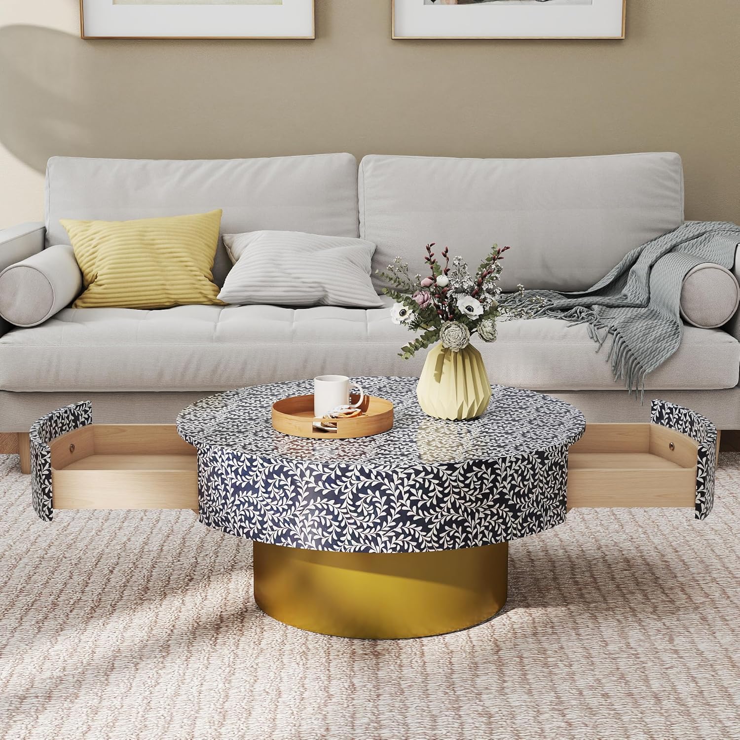 WJShome Round Coffee Table with Storage, Mid-Century Modern 32.48" Circular Coffee Table with 2 Hidden Drawers Storage for Living Room,Black