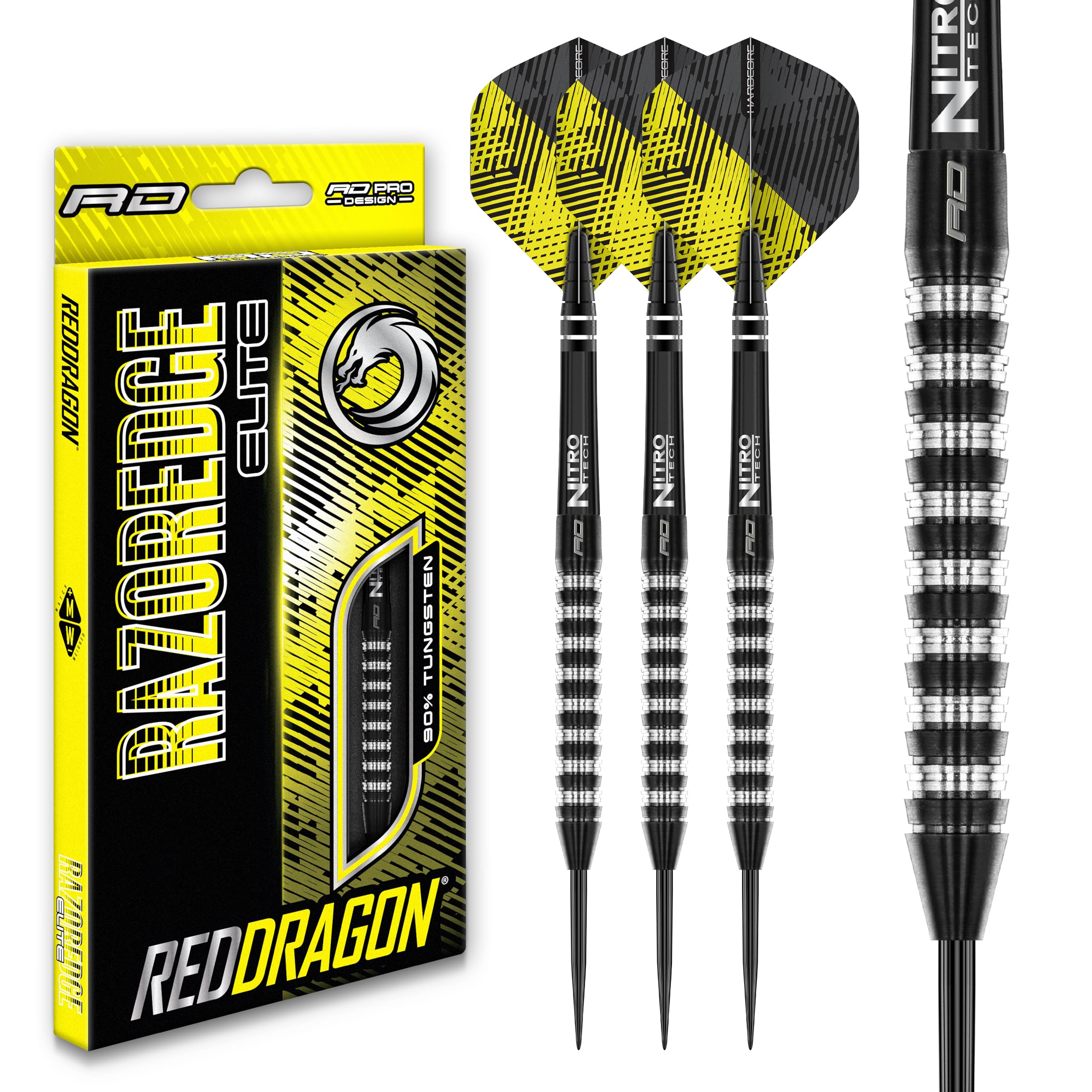RED DRAGON Razor Edge Elite 22g 90% Tungsten Darts Set β PVD Re-Cut Razor Edge Grip with Hardcore Flights & Nitrotech Polycarbonate Stems