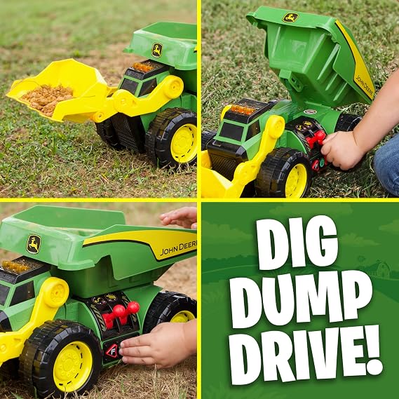 John Deere JD MAXX POWER 2‑in‑1 Lights & Sounds Dig Rig, Remote‑Control Front‑Loader & Dump Truck, LED Lights, Construction Sounds, Motorised Action, Big Tyres, Ages 3+