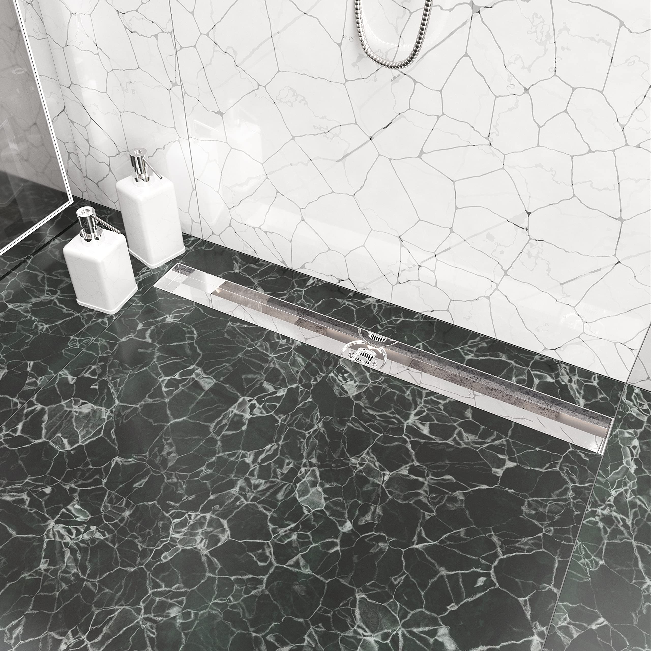 SET completo - Canalina Doccia lucida 120 cm AQUABAD® SDS Premium in acciaio inox, incluso il setaccio per capelli, Domoplex l'uscita orizzontale, il coperchio piastrellabile e il set di base