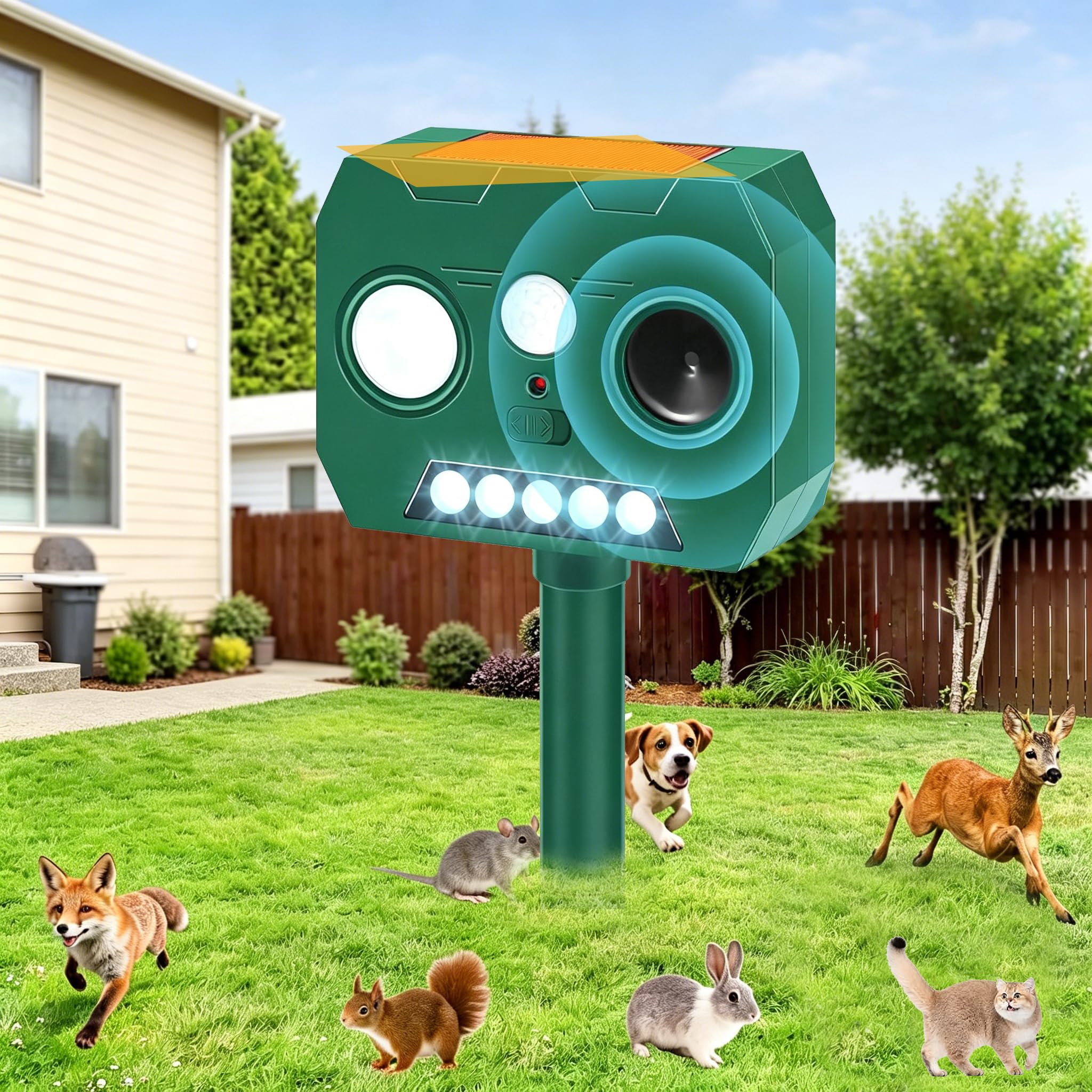 Cat Repellent Garden, Solar Powered Ultrasonic Fox Deterrent for Gardens, Cat Scarer IP65 Waterproof, Solar Powered Animal Repellent Outdoor Farm Yard Effective for Squirrels, Dogs Birds (GREEN-2)