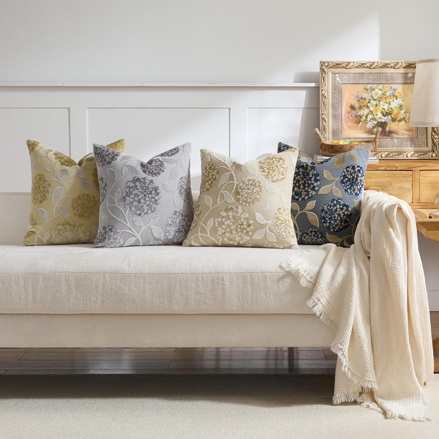 Floral Jacquard Throw Pillow Covers 18x18 Inch Set of 2, Soft Chenille Decorative Cushion Covers, Hidden Zipper, Boho Farmhouse Vintage Pillowcases for Sofa, Couch, Living Room & Bedroom, Navy Blue image 4