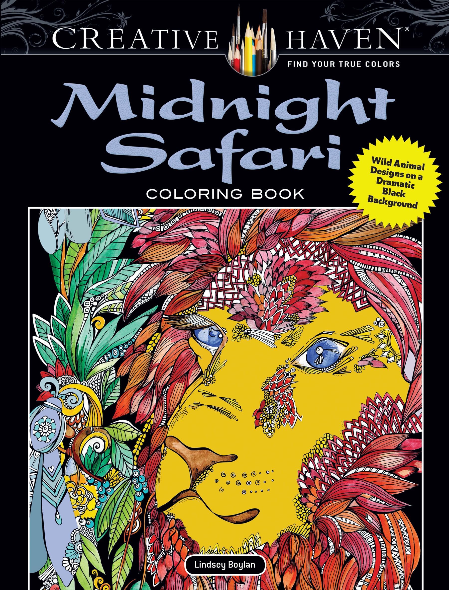 Creative Haven Midnight Safari Coloring Book: Wild Animal Designs on a Dramatic Black Background (Adult Coloring Books: Animals)