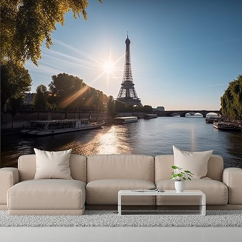 Miniatura 4 de DEKOROS.COM Papel tapiz realista de paisaje de cielo soleado de Canal, Torre Eiffel, vista de la ciudad de París, arte mural de pared grande para