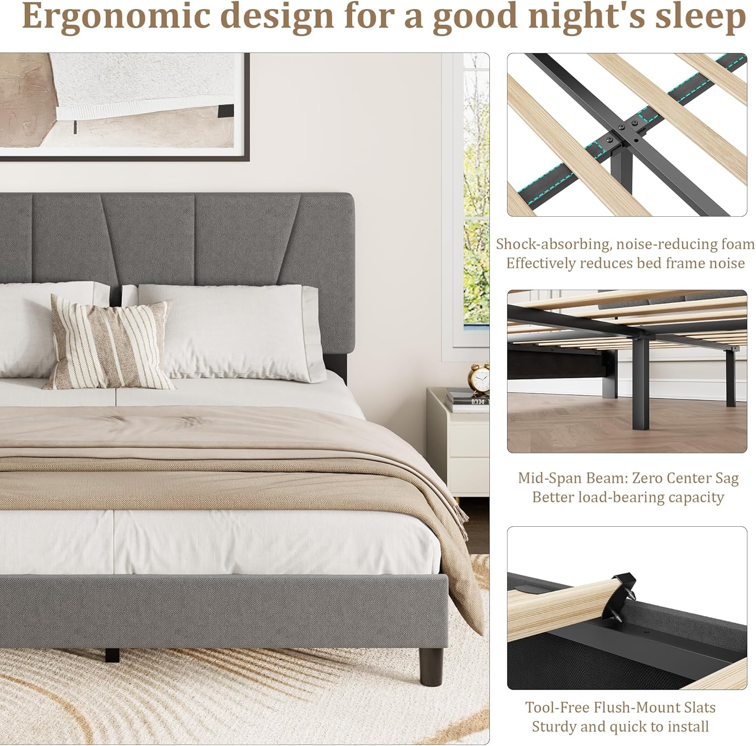 IDEALHOUSE Queen Size Bed Frame with Adjustable Headboard, Linen Upholstered Queen Platform Bedframe with Strong Wooden Slats, Mattress Foundation, No Box Spring Needed, Easy Assembly