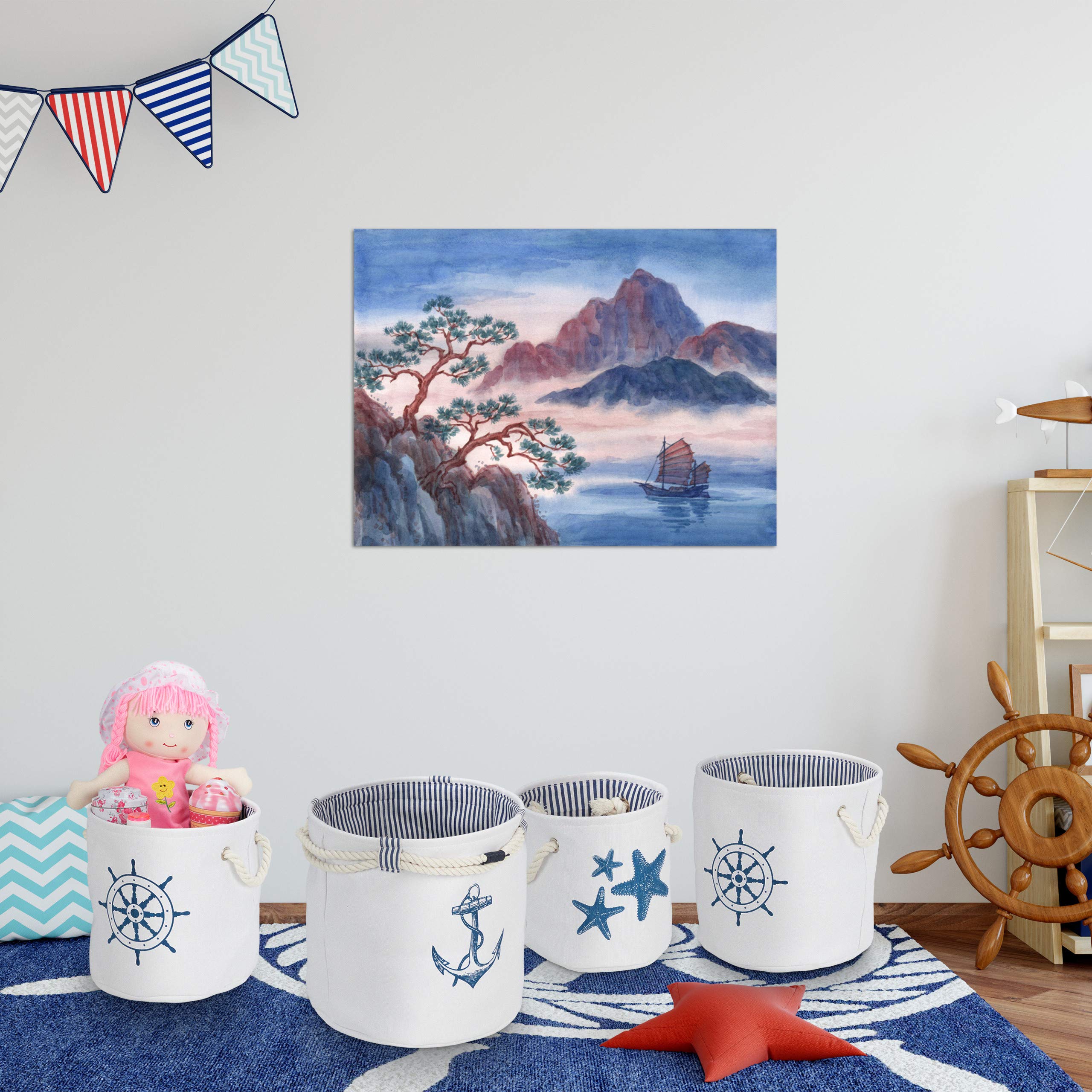 relaxdays Set da 4 Cestini Portaoggetti, Cesti di Stoffa con Manici, Contenitori Bagno Giochi, 4 Misure, Bianco/Blu