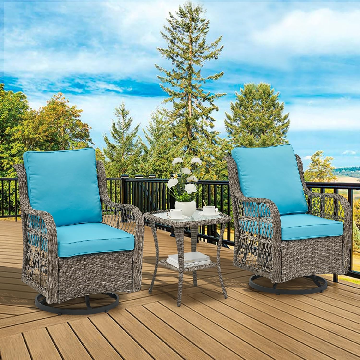 PeakPursuit 3 Piece Swivel Rocking Chairs & Table with Thick Cushions,Outdoor Patio Furniture Set, All-Weather PE Wicker Conversation Set for Porch, Deck,Gray&Light Blue
