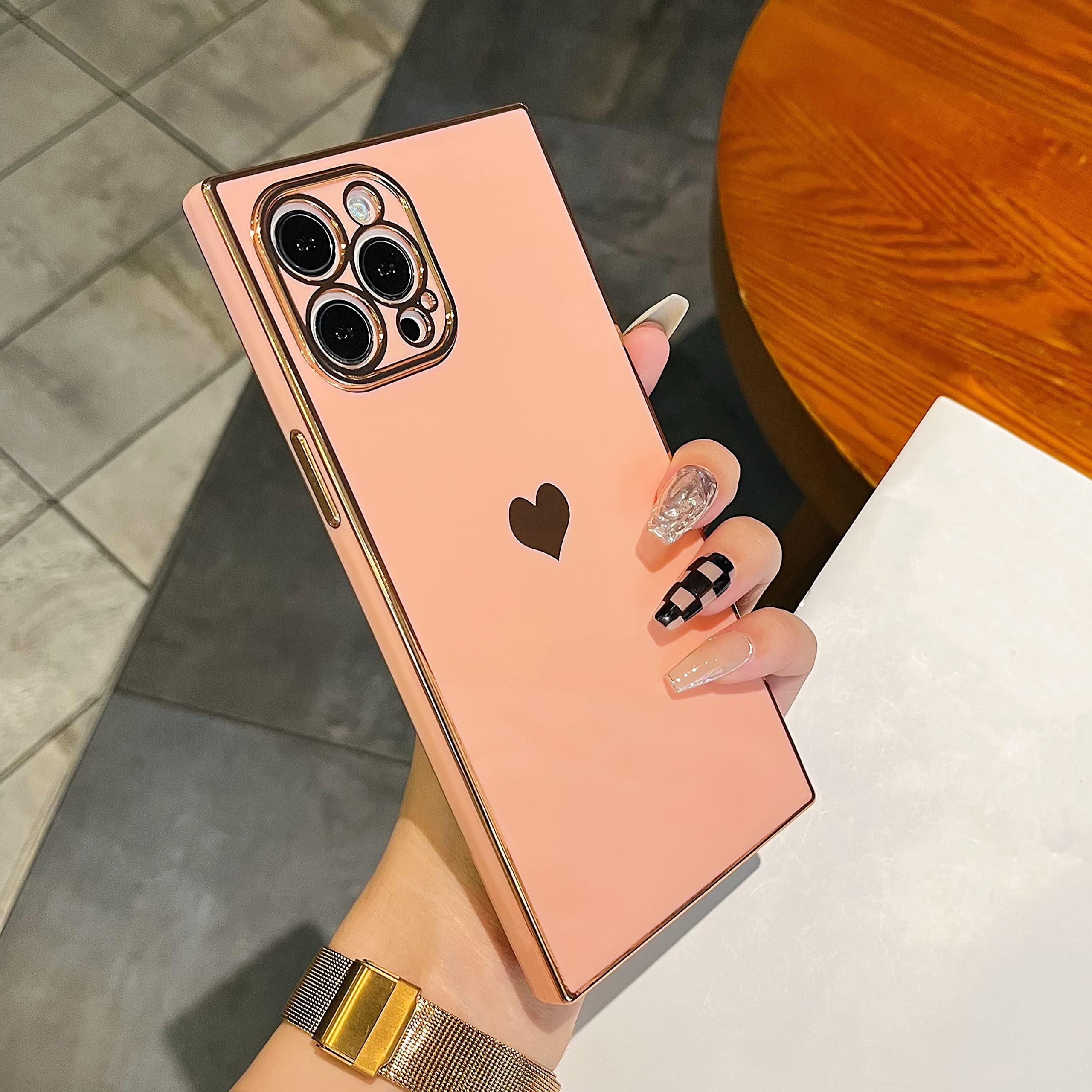 ZTOFERA Soft TPU Case for iPhone 14 Pro Max, Square Heart Pattern Reinforced Corners Electroplate Edge Case, Full Camera Lens Protective Shockproof Bumper Cover for iPhone 14 Pro Max 6.7 inch - Pink