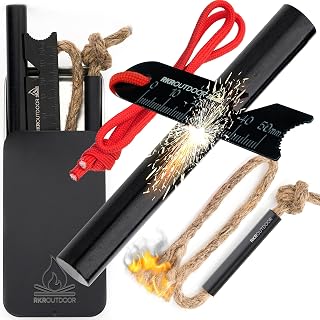 Ferro Rod Flint Fire Starter Kit + Tinder Wick Bellow with Sliding Box - 4" Length 1/2” Thick Ferro Rod with Multi-Tool Striker and Paracord Lanyard + Hemp Wick with Bellow + Sliding Box