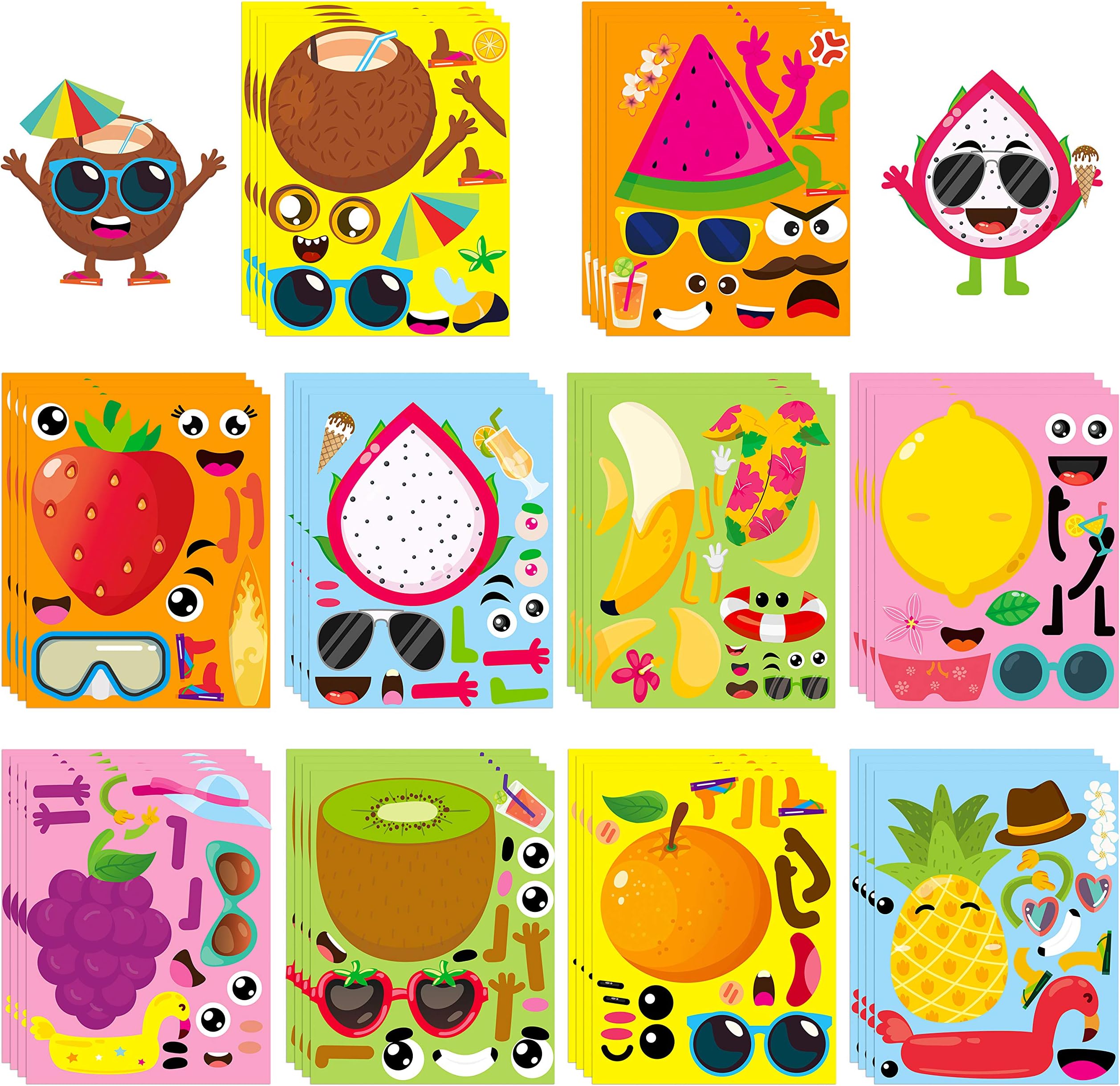 MALLMALL6 40Pcs Make Your Own Fruit Stickers 10 Kinds Cartoon Fruit Summer Hawaii Theme Characters Sticker DIY Dress Up Art Crafts Mixed and Matched Tutti Frutti Party Favors Games Decorations for Kid