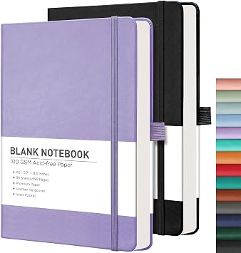 RETTACY Blank Journal Notebook, 192 Pages per Pack, A5 Size 5.7 x 8.3 | 2-Pack, Leather Hardcover, 100 GSM Thick Paper, for Sketching, Drawing, Painting Black & Purple