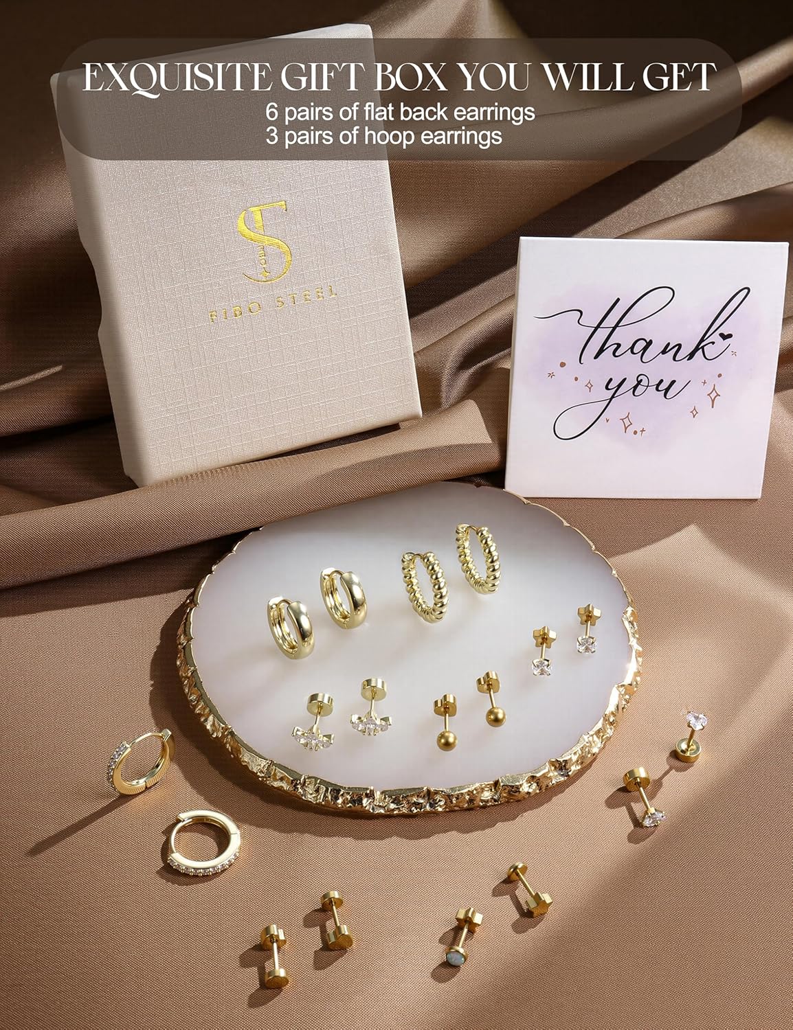 Hypoallergenic Flat Back Earrings Stacks for Women - Surgical Steel Studs Small Hoop Flatback Stud Cartilage Earring Sets for Multiple Piercing Jewelry 14K Gold/Silver Plated 9Pairs - Image 7