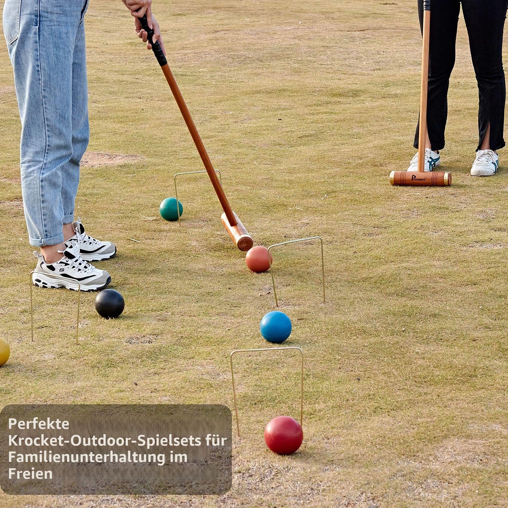 Krocket-Set für 6 Spieler, Deluxe-Krocket-Set mit Holzschlägeln, farbigen Kugeln, Wickets, Heringen Erwachsene/Jugendliche/Familie, perfekt Rasen/Hinterhofspiel/Park (inkl. Tragetasche)