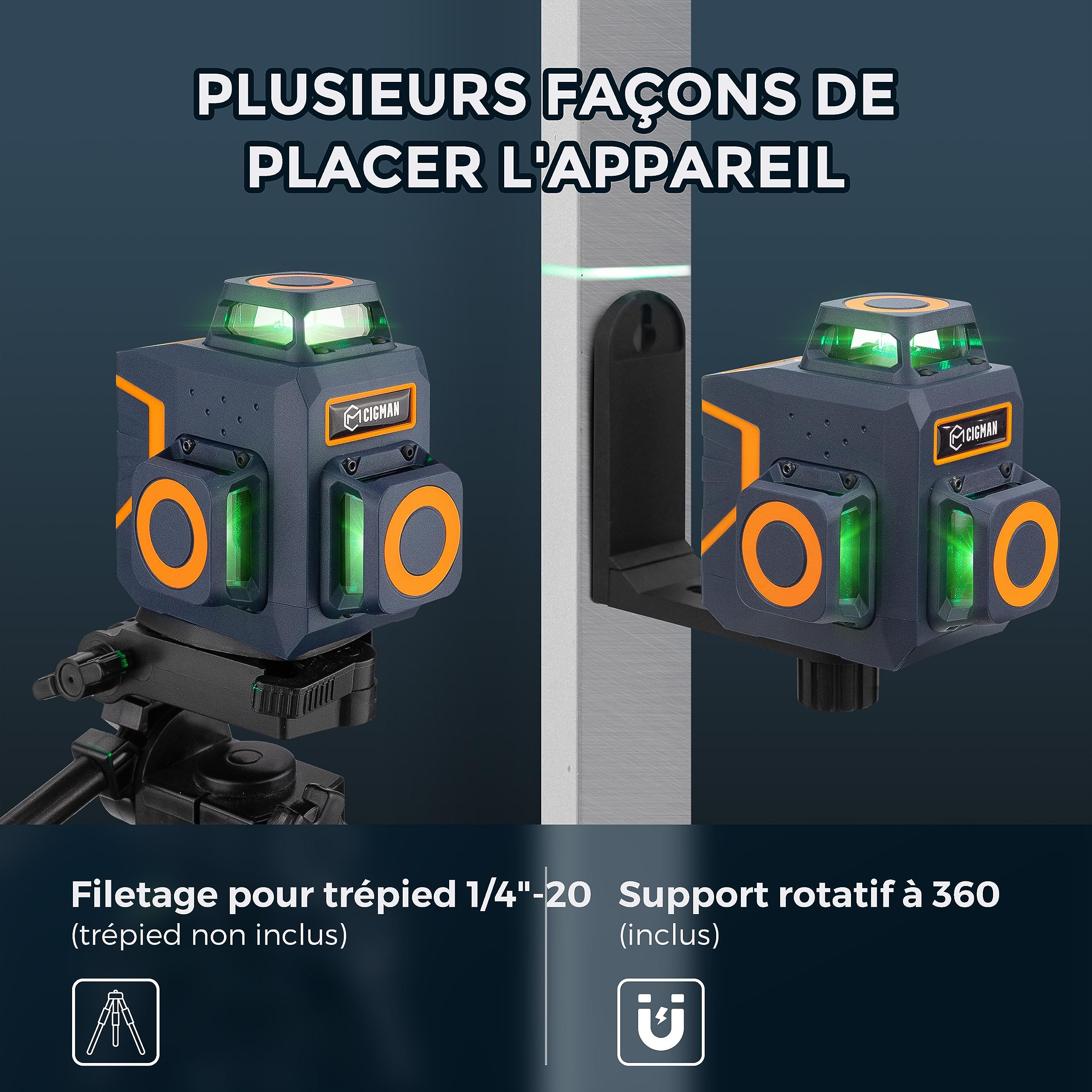 CIGMAN Niveau Laser Vert 3x360°, Laser Chantier Auto-nivelant avec Télécommande, Support Magnétique, Batterie Li-ion Intégrée CM701SE