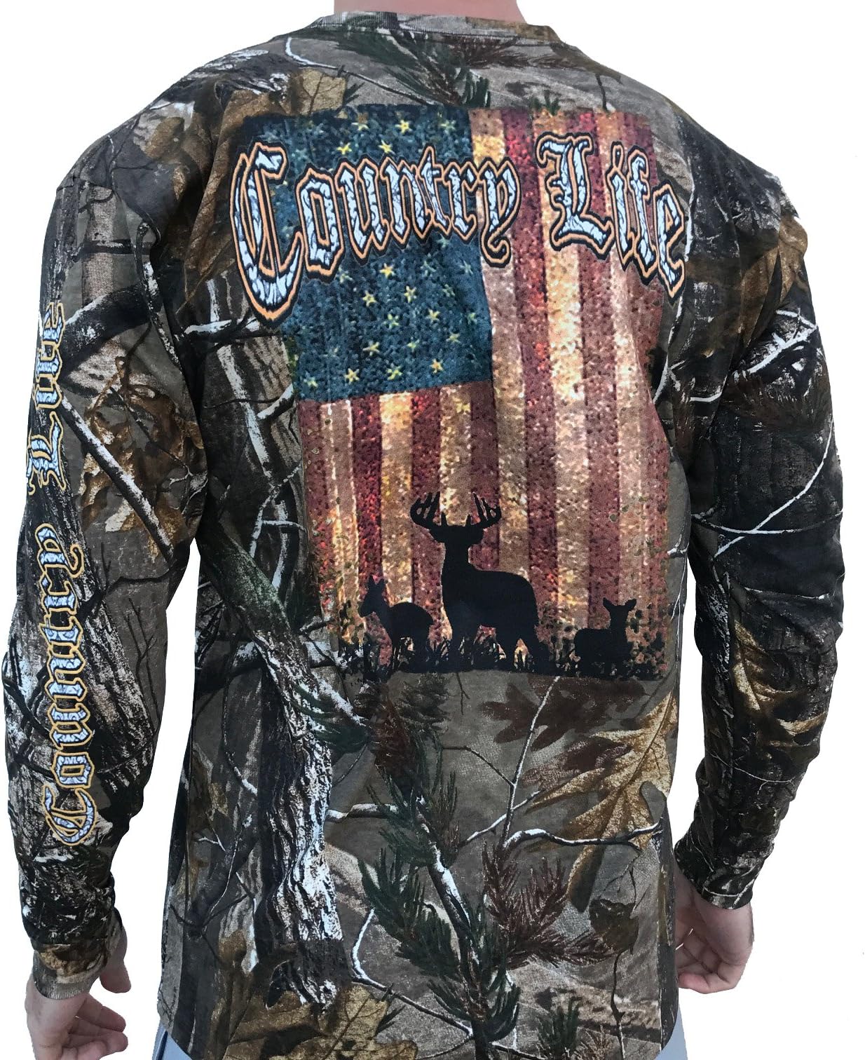 Country Life Deer American Flag Realtree Camo Long Sleeve Shirt