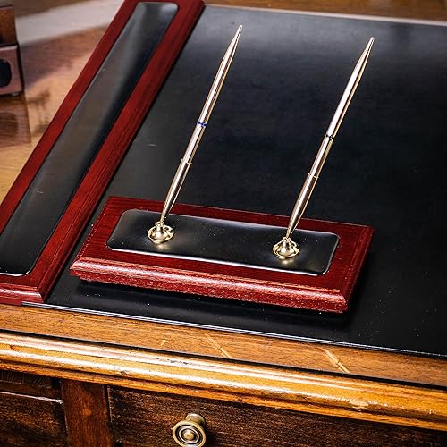 Miniatura 3 de Dacasso Juego de accesorios de doble soporte para bolígrafo de palisandro y cuero negro, 9.25 x 4.25 x 9.00 - Decoración de escritorio ejecutivo de