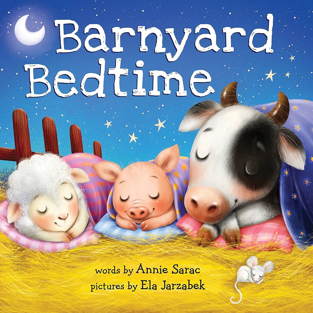 Barnyard bedtime scene with farm animals preparing for sleep