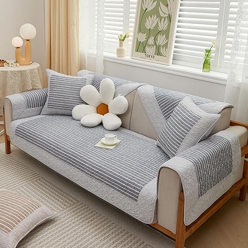 Miniatura 4 de Funda de sofá rústica con rayas grises y acolchada, de algodón, suave, antideslizante, lavable, protector de muebles para sala de estar (gris, 28 x