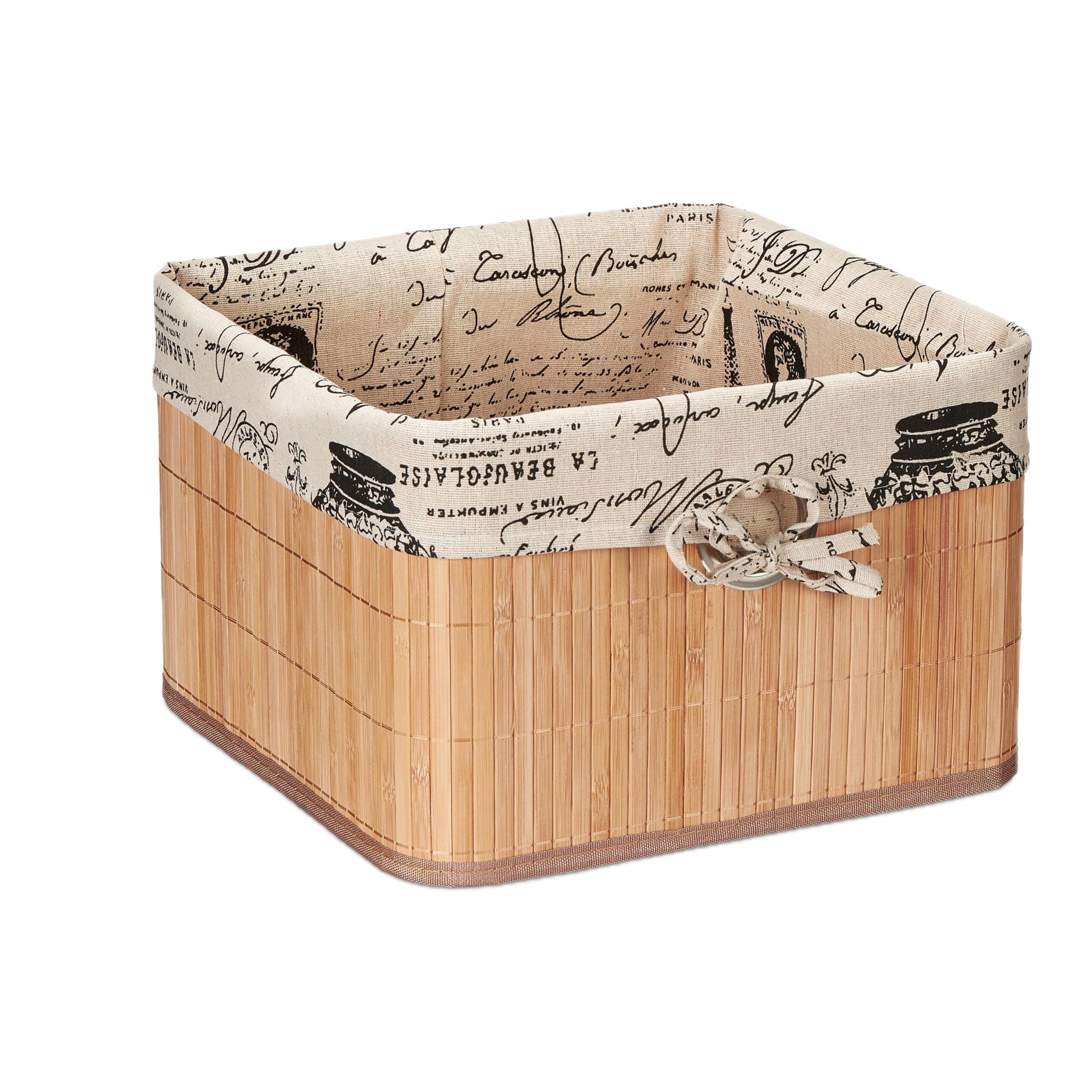 Relaxdays 3 Cestos Almacenamiento Bambú y Poliéster 20x31x31 cm, Cestas con Asa Metálica, Cajas Estantería, Natural y Crema