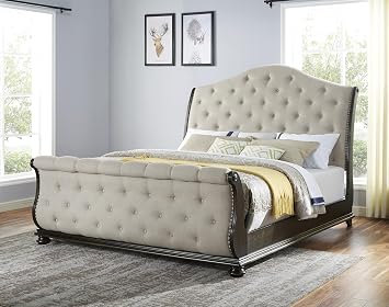Sleigh Bed Frame - Luxury Bed Frames with Scrolling Sleigh Style Headboard and Footboard, Upholstered Bed Frame with Button Tufted and Wooden Base, Beige Bed Frame King