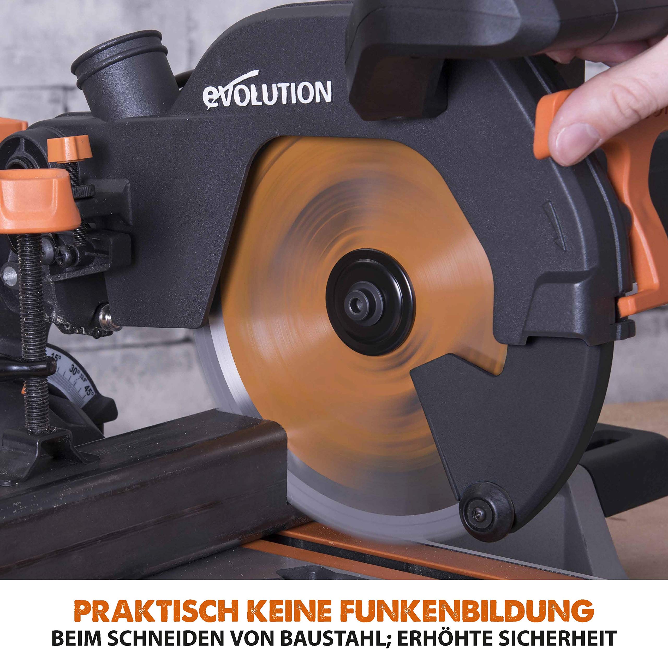 Evolution Schiebe-Kapp- und Gehrungssäge R210SMS+ | 1500 W, 230 mm Gleitfunktionalität, Schrägschnitt, Gehrungswinkeln | Ø 210 mm HM / TCT Sägeblatt für Multimaterialschnitt | Zug-kapp-gehrungssäge