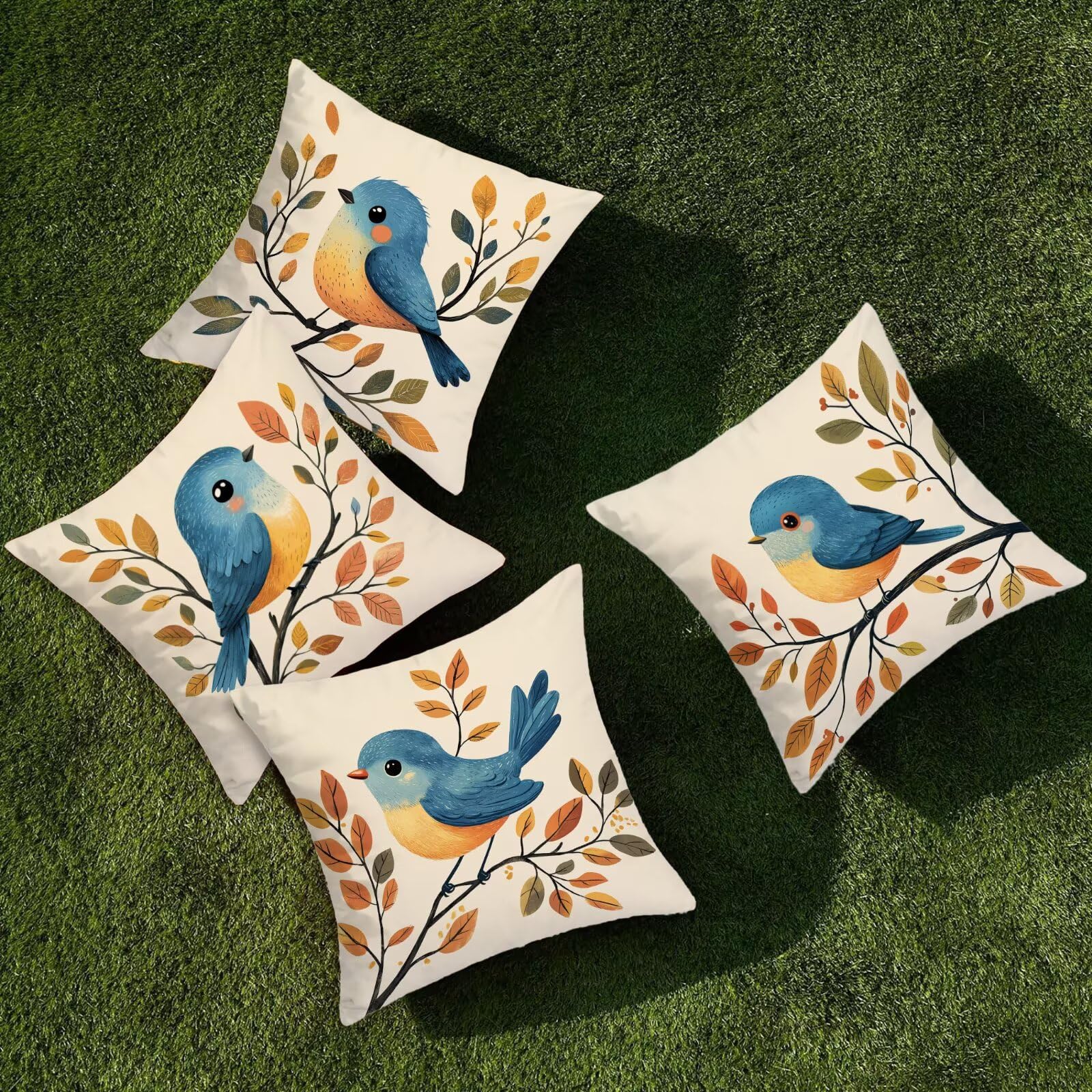 Juego de 4 Funda de Cojín Exterior Impermeable, 55x55 cm Fundas Cojínes Pájaro de Lino, Exterior Impermeable Lino Cojín Animal Decorativo, Fundas de Almohada para Patio Balcón Jardín Sofá Oficina P-85