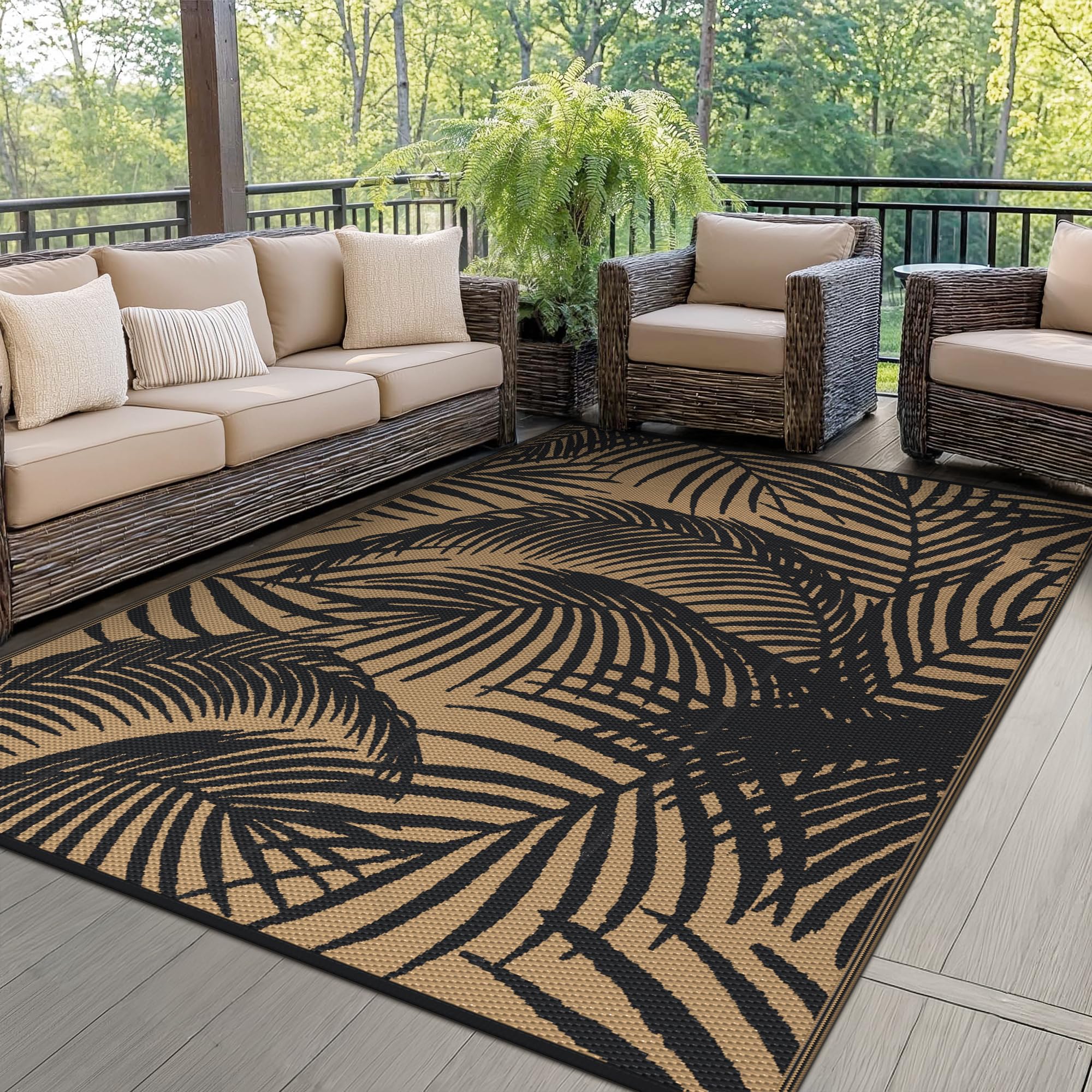 GENIMO Outdoor Rug 150X240CM, Botanical Leaf Waterproof Reversible Garden Rug, Washable Patio Carpet, Recycled Plastic, Modern Outside Mat for Out Door, Backyard, Black and Brown โ image 1