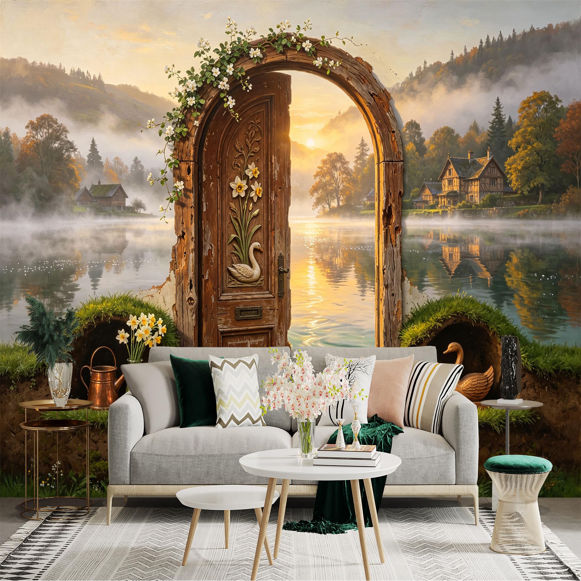 Custom Size Wall Sticker Mural， Rustic Door and Misty Lake， Swan Cottage View， for wall Decoration， peelandstick wall Decals.