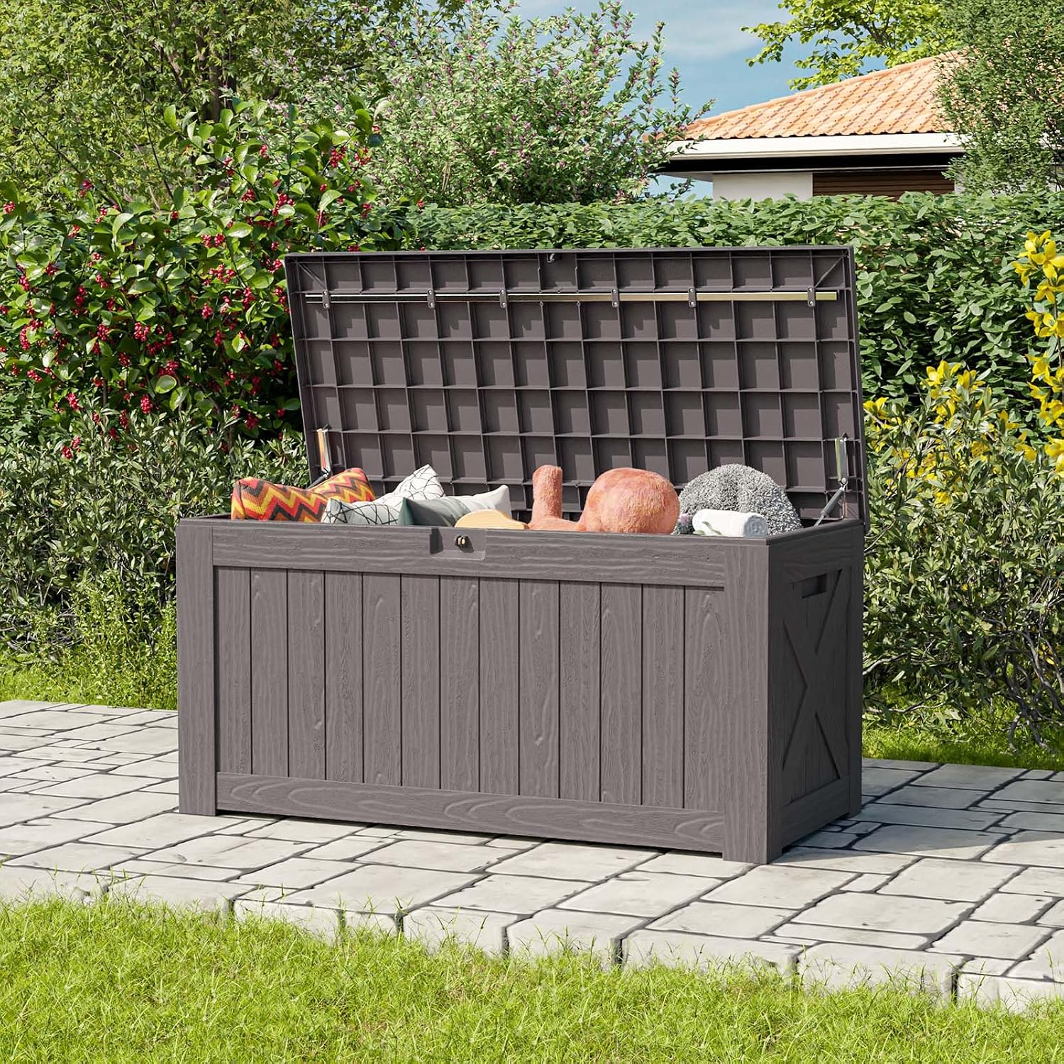 Patiowell 120 Gallon Large Deck Box, Outdoor Lockable Storage Box for Gardening Tools, Waterproof Deck Box for Patio Furniture, Brown
