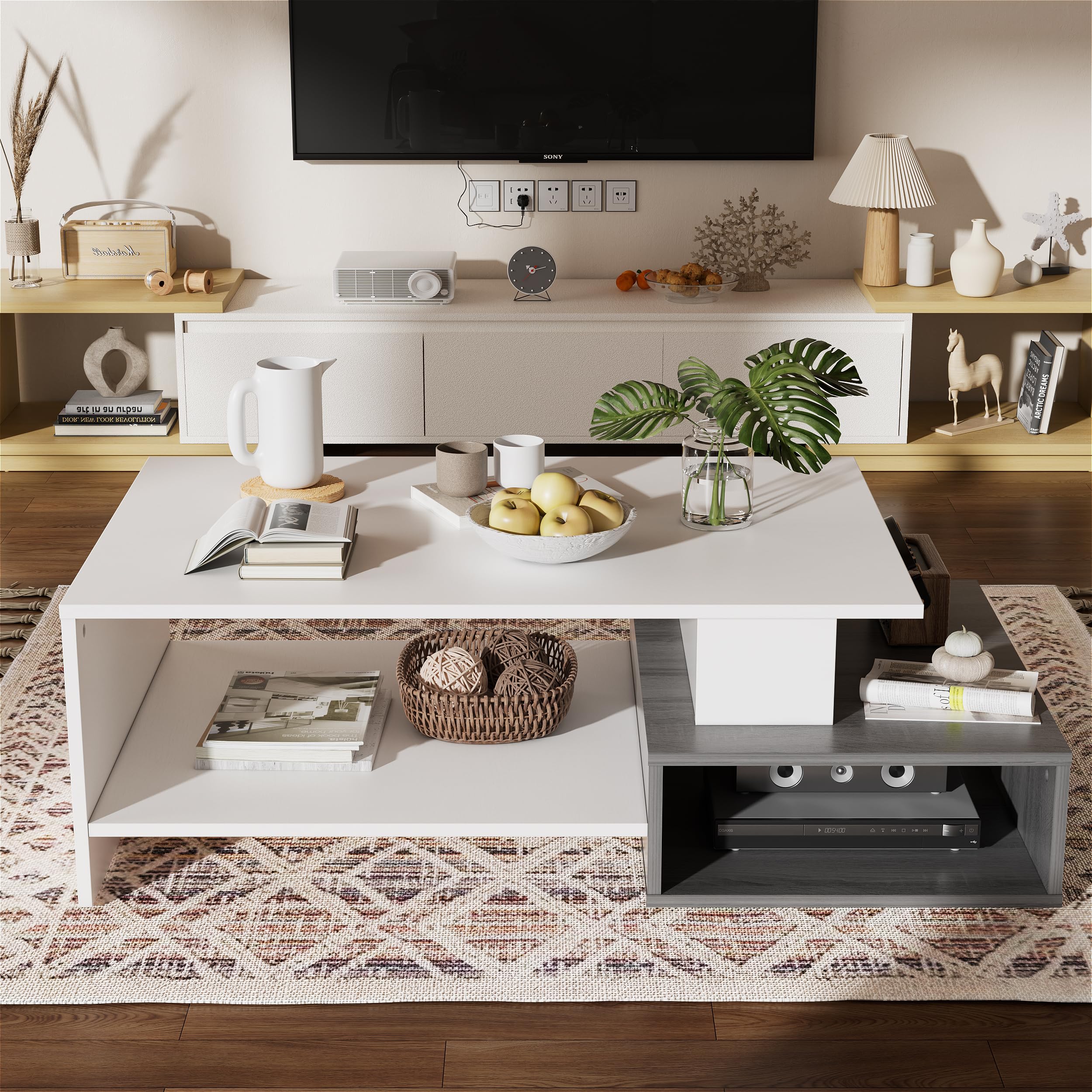 JoliJour Table Basse Moderne Rectangulaire Table d'appoint en Bois Meuble de Salon 2 Niveaux Blanche pour Salon Bureau Installation Facile 105x35x60cm